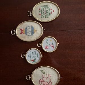 Vintage Needlepoint Holiday Embroidery Ornament Set - Gold and Multicolor